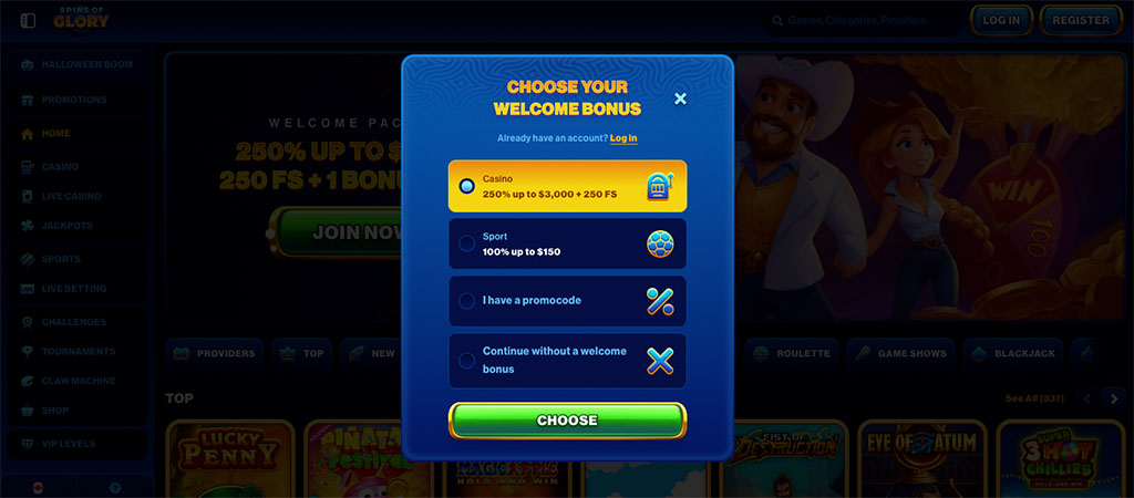 Registration, Spins of Glory, welcome bonus