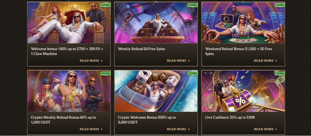 Realz Casino promotions, welcome bonus, weekly reload, crypto offers, live cashback, Egyptian themed character graphics