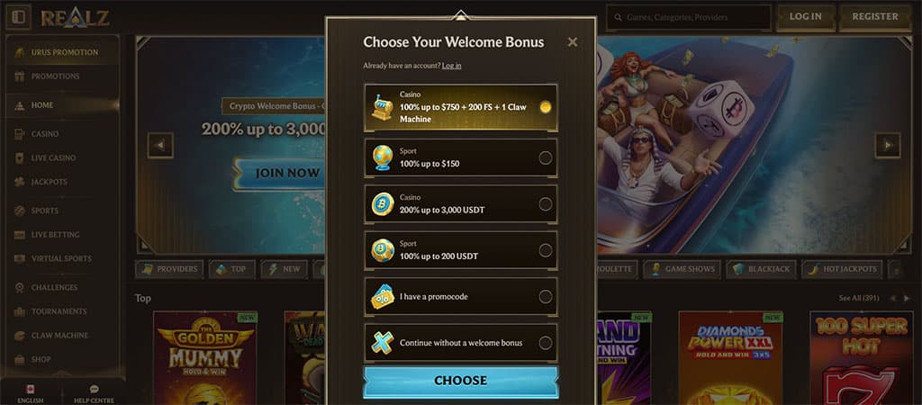   Realz Casino welcome bonus selection,  popup, casino and sports offers, crypto bonuses, registration step, dark interface