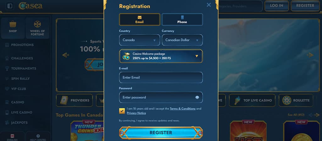 Registration Process at Casea Casino, online casino