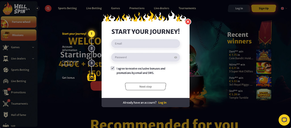 Registration at Hellspin Casino, online casino