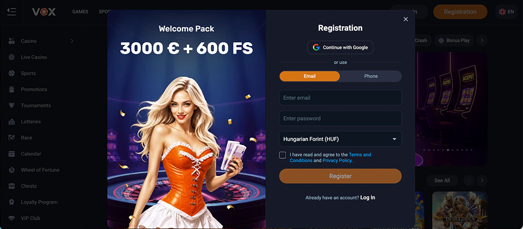 Registration, Vox Casino Online, slots