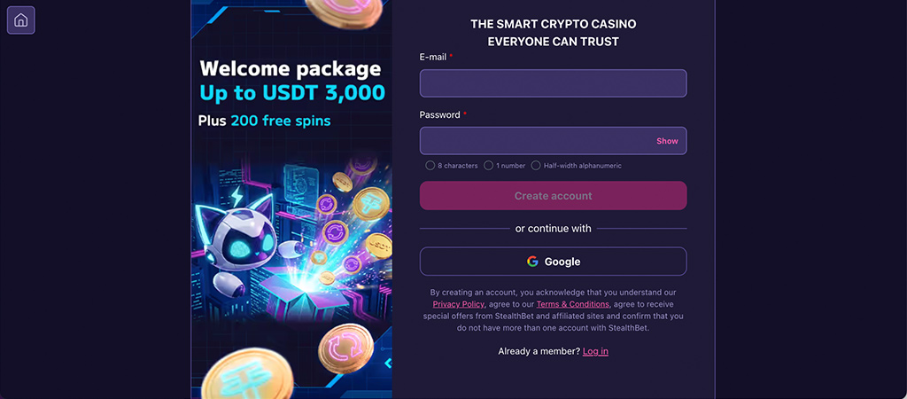 Registration Process, tealth Bet Casino Website